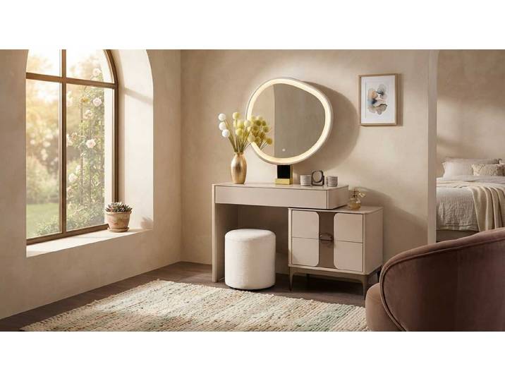 JVmoebel Schminktisch Schminktisch Set Beige Modern Luxus Spiegel Hocker Frisiertisch