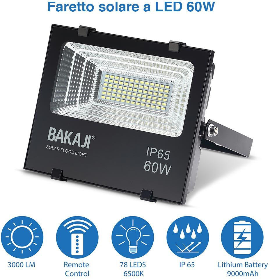 giordanoshop Faro LED 60W con Pannello Solare Luce Esterno Alta Luminosita 600lm + Telecomand...