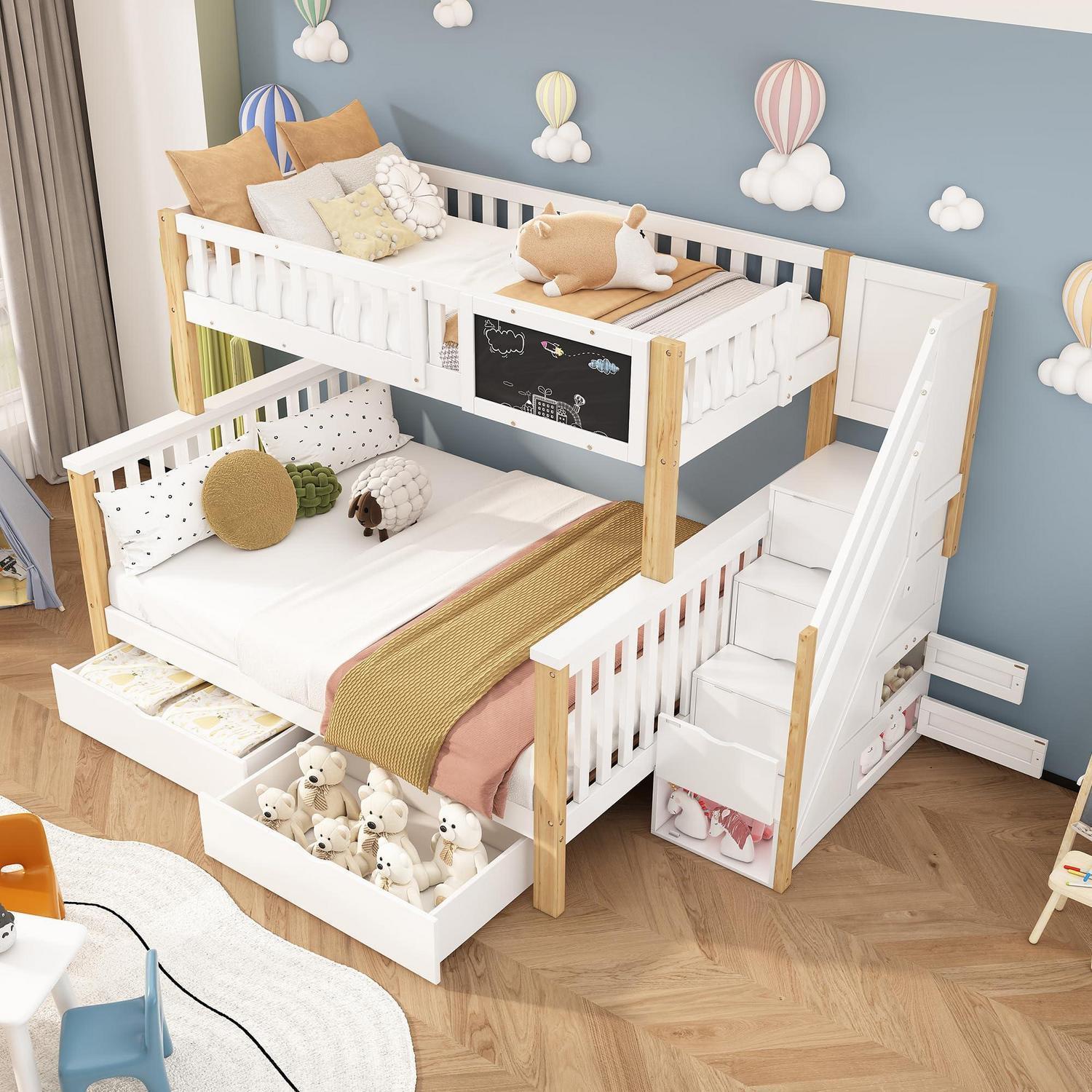 Etagenbett Kinder 90x200/140x200 mit Tafel, 2 Schubladen, Stauraum, Treppe, Zaun, Weiß+Helle Eiche