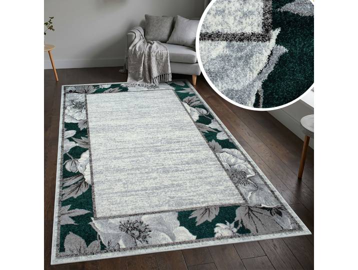 Teppich GOODPRODUCT Florent mit Rahmen, Blumen Design , grün, B:160cm H:9mm L:230cm, Kunstfaser, Teppiche, Teppich, Floral, detailreiche Blüten, meliert, elegant, Wohnzimmer