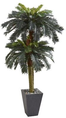 Nearly Natural 6' Double Sago Palm Artificial Tree Slate Finished Planter - h: 6 ft. w: 34 in. d: 34 in
