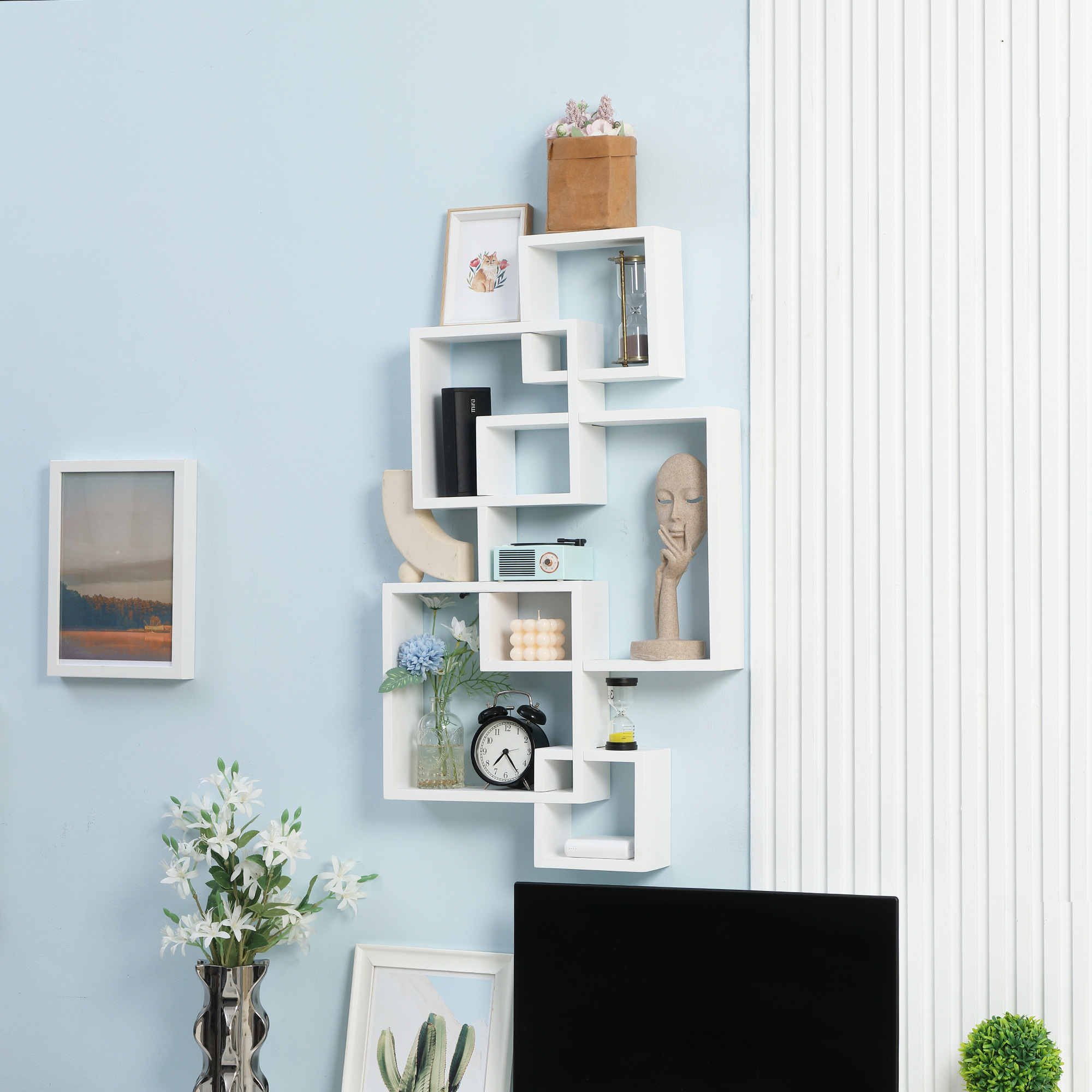 Homcom Libreria Moderna Sospesa con 5 Cubi Intrecciati in Legno, 49.5x10.2x86cm, Bianco Aosom
