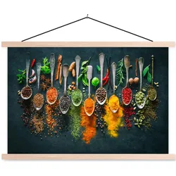 POSTER MIT MAGNETLEISTEN Kräuter - Gewürze - Löffel Wanddeko 90x60 cm