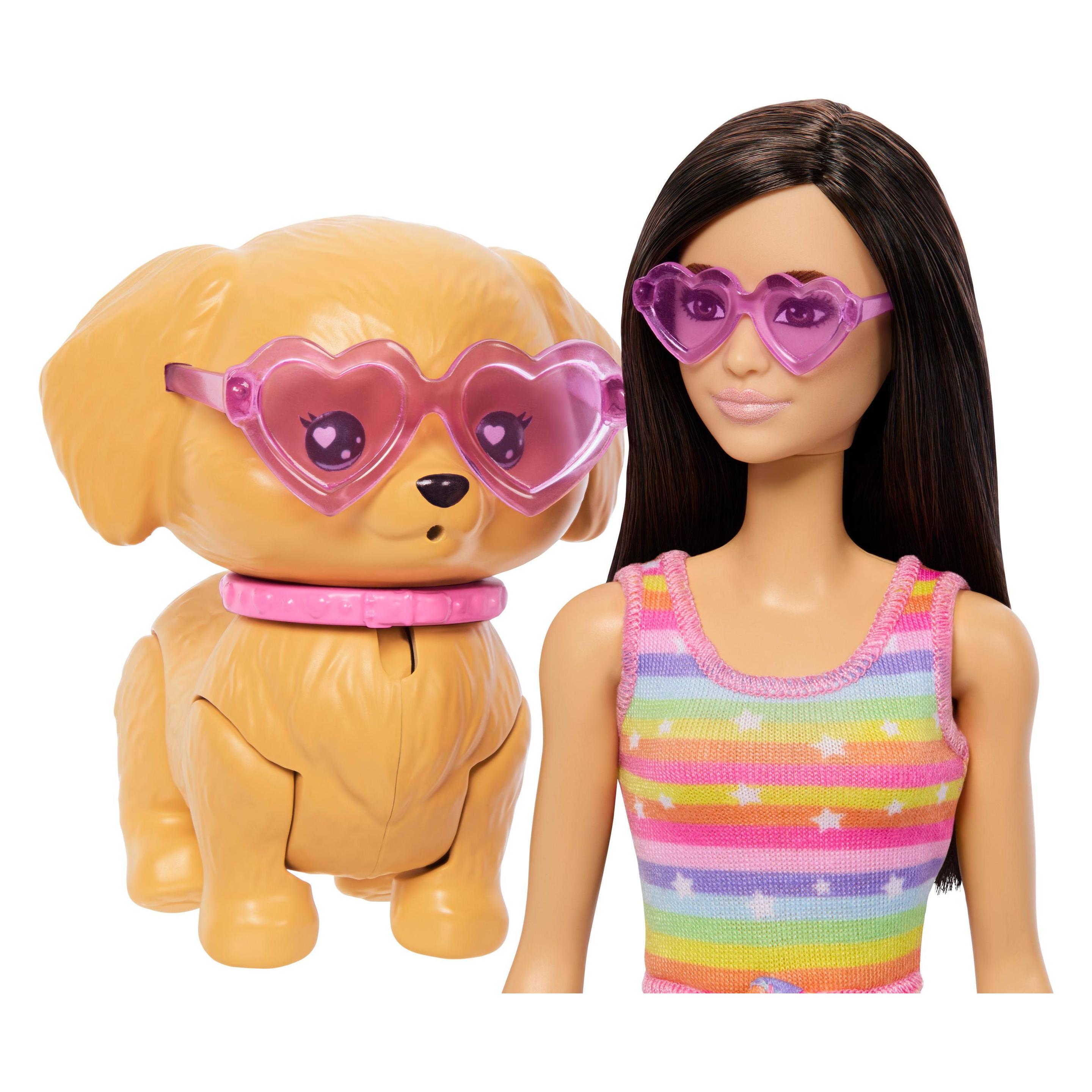 Barbie Brünette "Pets Skate and Run" Barbie-Puppe mit Hündchen, Rollschuhen und Zubehör (JMJ45)