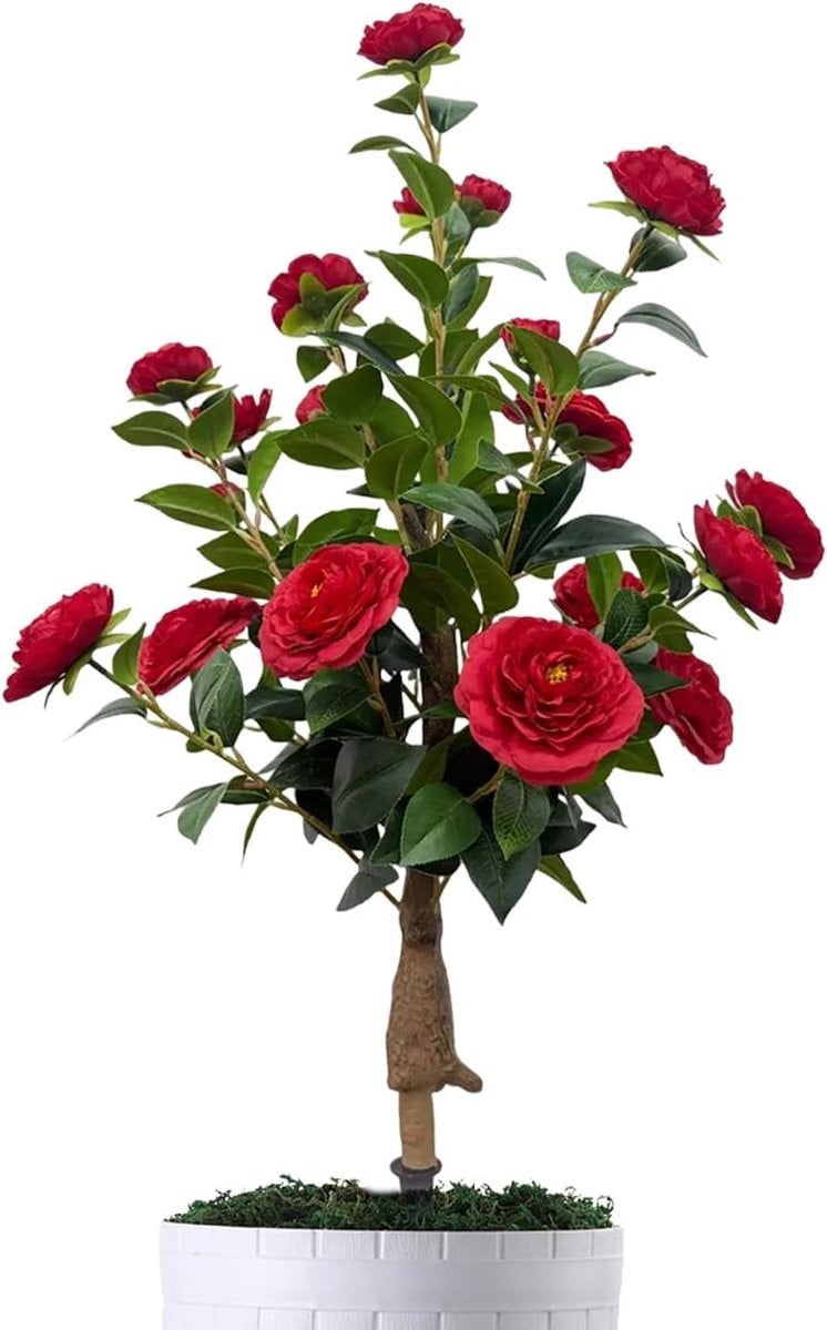 Kunstboom met rode bloemen - Onderhoudsvrije nep plant decoratie - Hoogte: 88 cm