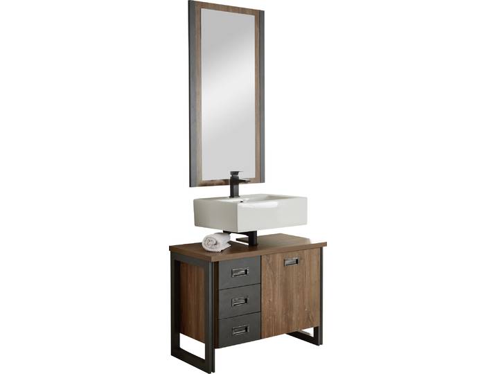 Badmöbel-Set HOME AFFAIRE Detroit, Bad im Industrialdesign, 2-teiliges Badezimmer , gelb (eiche honigfarben dekor, schiefer, nachbildung), Kastenmöbel-Sets, Badmöbel-Set, Waschbeckenunterschrank und Spiegel, holzfarben, mit Stauraum