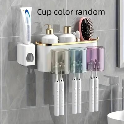 Discount Dollar Deals Multifunctional Toothbrush Rack And Mug Holder, Wall Mounted Toothpaste Storage With Toothpaste Squeezer three With Squeezer