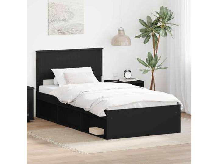 RJPLMFV Bettgestell mit Kopfteil, Schwarz, 100 x 200 cm, massives Kiefernholz
