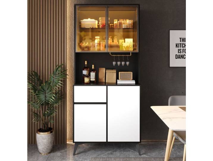 VUENOR Vitrine haute buffet noir et blanc 80x40x180 cm LED réglable 4 portes 1 tiroir