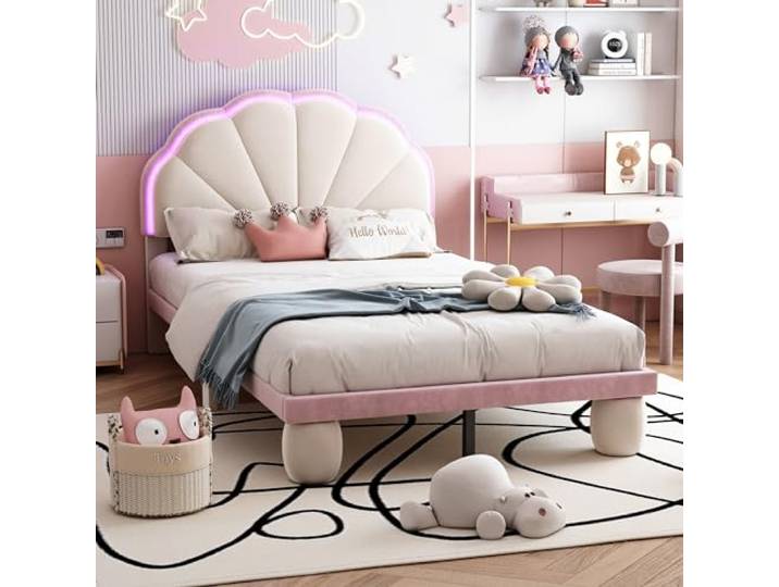 Ball & Cast Kinderbett (90x200cm) mit Lichtstreifen, Polsterbett mit Wellengestriftem Kopfteil aus Samt, Einfach & Zeitsparend Montierbar, Beige+Rosa