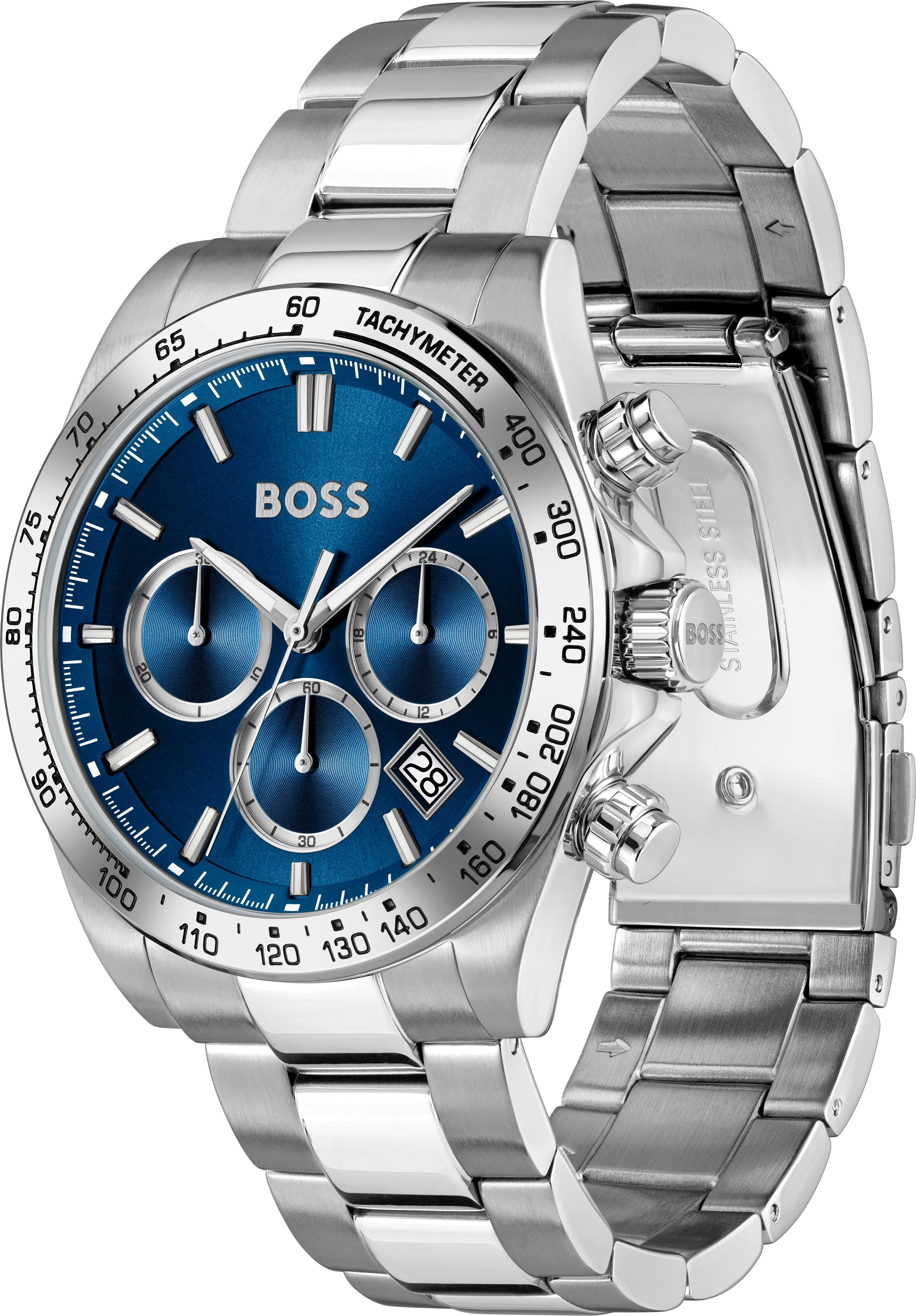 Multifunktionsuhr BOSS "HERO 2.0", silberfarben, Armbanduhren, Herren, Multifunktionsuhr, Quarzuhr, Armbanduhr, Herrenuhr, Edelstahlarmband, analog, Tag