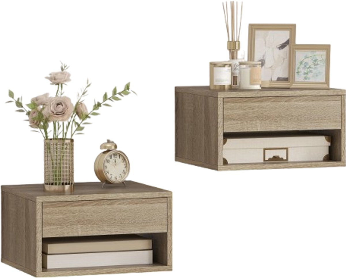 Golaro Set van 2 Zwevende Nachtkastjes met Lade en Plank - Hout/Beige - Met RGB LED Verlichting