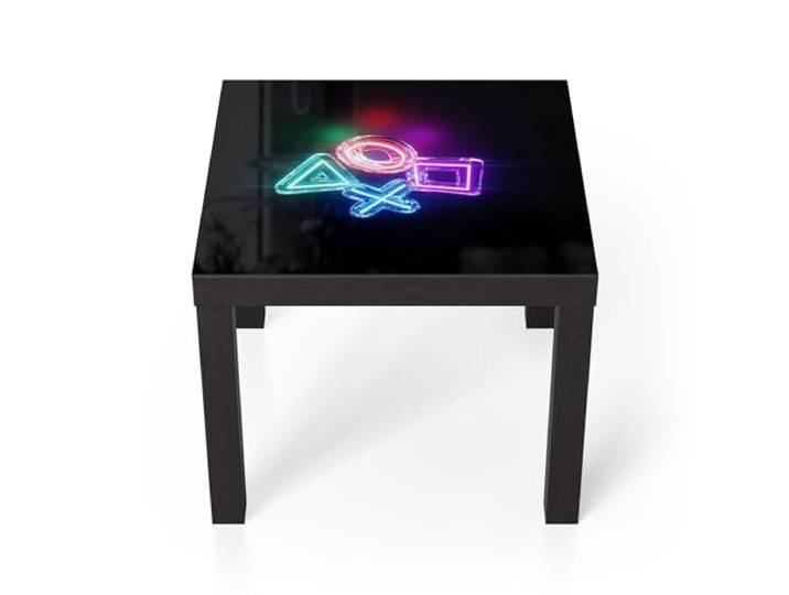 DEQORI Glastisch schwarz klein 55x55 cm Motiv Neon Gaming Symbole ausgefallener Beistelltisch aus Glas Hochglanz Couchtisch fürs Wohnzimmer moderner Couch Tisch mit Design