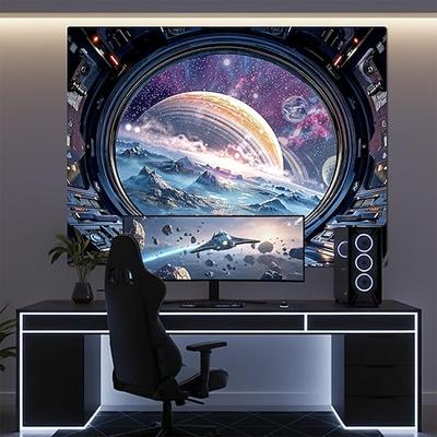 Bullauge eines Raumschiffs, Blick ins Weltall, Galaxie, Universum, Ringplanet, Nebel, Sterne, eisiger Mond, Landschaft, Science-Fiction-Fenster, Wandteppich für Gaming-Zimmer, Schlafzimmer, Büro,