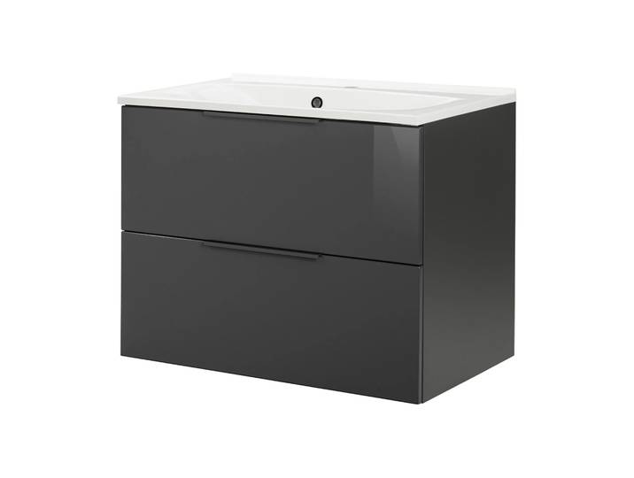 FACKELMANN LUNA Waschbecken mit Unterschrank 80 cm breit, Anthrazit, Waschbecken Gussmarmor Weiß