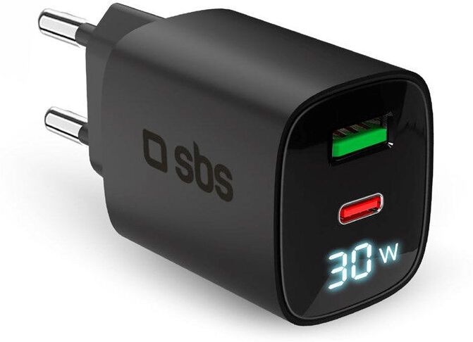 SBS - 30W - LCD Vægoplader - 1x USB-A & 1x USB-C - Sort