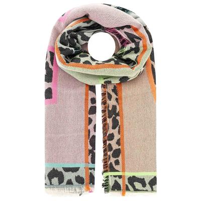 Schal ZWILLINGSHERZ "Wild Lettering Leo", Damen, bunt (multi), Obermaterial: 60% Polyacryl, 25% Baumwolle, 15% Wolle, Modetücher Schal, Neon Schriftzug, Leo All-Over, Fransenabschluss, Wollanteil