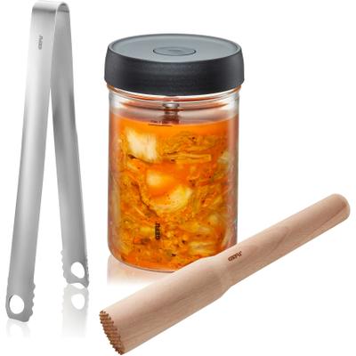 Fermentationsglas GEFU "NATIVO", schwarz (schwarz, transparent, silberfarben), H:17,5cm Ø:12cm, Borosilikatglas, Edelstahl, Holzwerkstoff, Kunststoff, Silikon, Lebensmittelaufbewahrungsbehälter, 1L Fermentationsglas mit Deckel, Beschwerungsgewicht,...