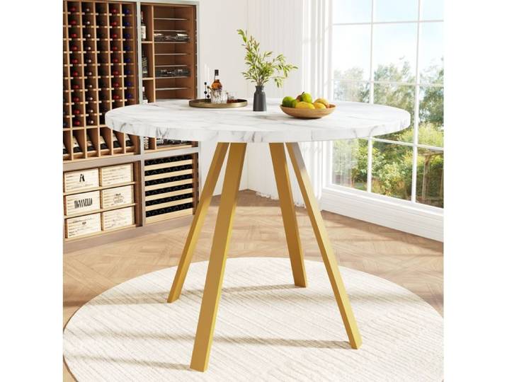 SENVIRO table a manger ronde decor marbre blanc pieds metal or 80x80x75cm blanc or