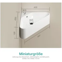 Emke, Waschbecken, Waschbecken dreieckige 56x43 cm Keramik-Waschschale für die Eckmontage glänzend Weiss (430 mm, 560 mm)