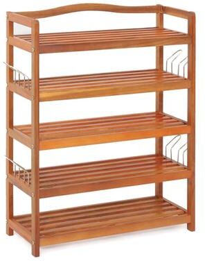 Costway 5-Tier Acacia Wood Shoe Rack with Side Metal Hooks