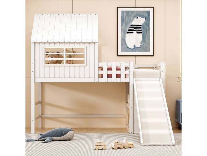 Lit 90x200 cm en bois massif blanc avec toboggan prolongé échelle sécurisée et rangements intégrés – Design ludique