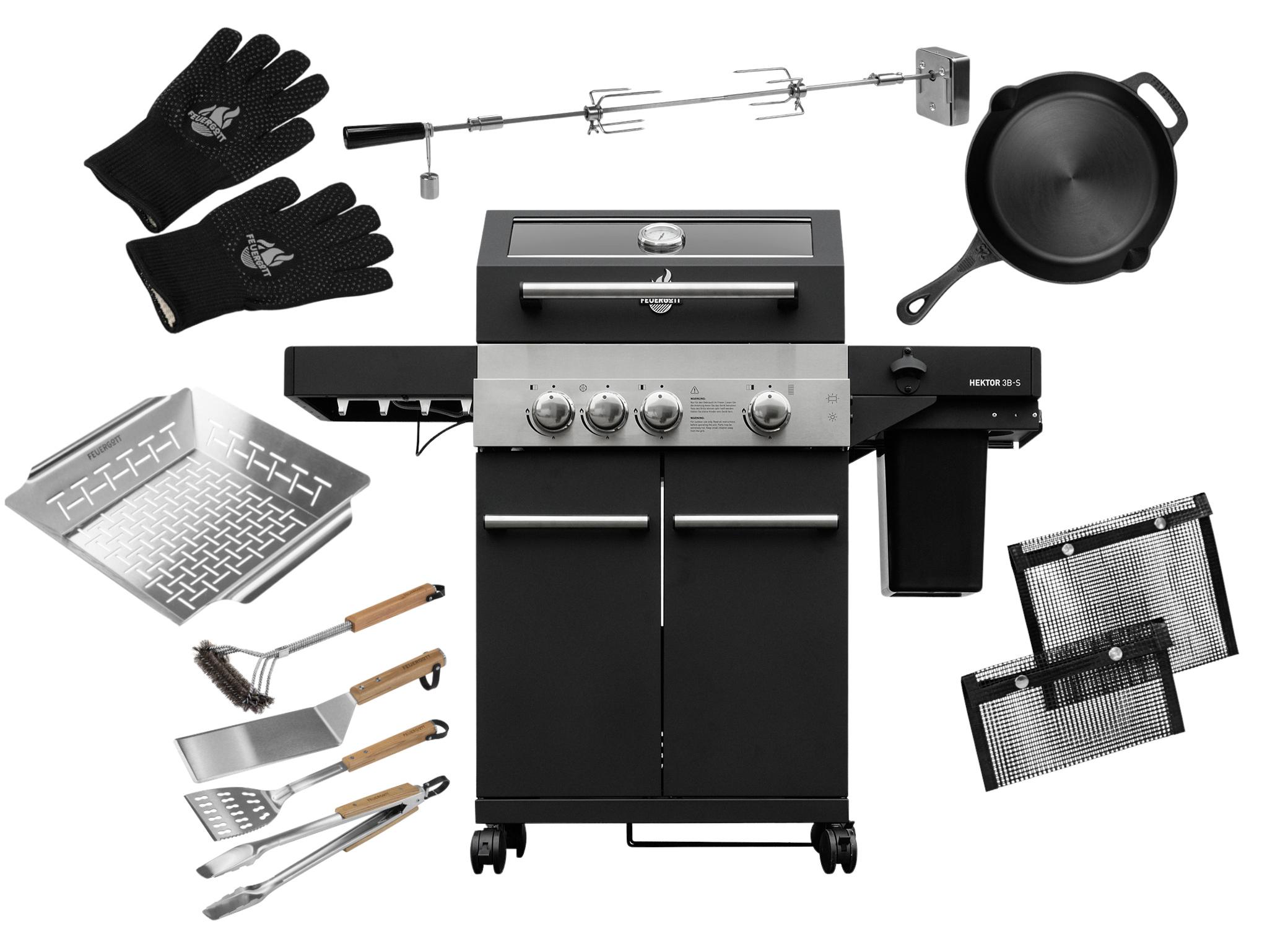 FEUERGOTT Gas-Grillstation Hektor 3B-S BBQ Set mit Abdeckhaube, Drehspieß, Grillzubehör, 2 Brenner, Infrarotbrenner, Seitenkocher