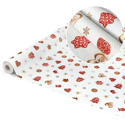 Weihnachtstischdecke Wachstuch abwaschbar Weihnachten Lebkuchen Schneeflocken Rot Weiß - 2000 x 140 cm (20 m), Schnittkante