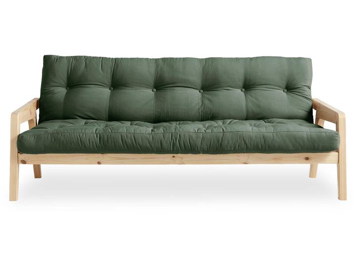 Schlafsofa KARUP DESIGN Grab, inkl. Futonmatratze - aus massivem Kieferholz, 130x190 cm , grün (olivgrün), B:204cm H:40cm T:90cm, Sofas, Schlafsofa, Mit Holzstruktur, inkl. Futonmatratze, Liegefläche 130x190 cm