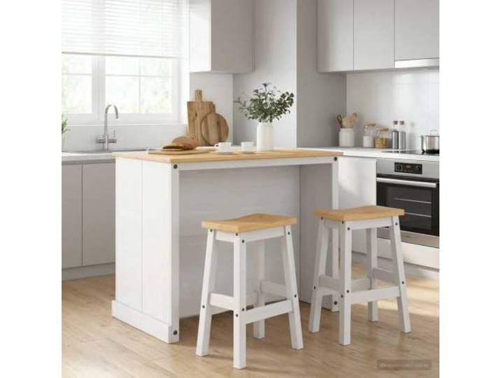 Kücheninsel Set 3 stk Weiß Honigwachs 112 x 77 x 91,5 cm Kiefernholz Kiefernholz, 3 Regale, Tür mit Knopfgriffen, minimalistisch, Servierwagen, Essbereich, Küchenutensilien, robust