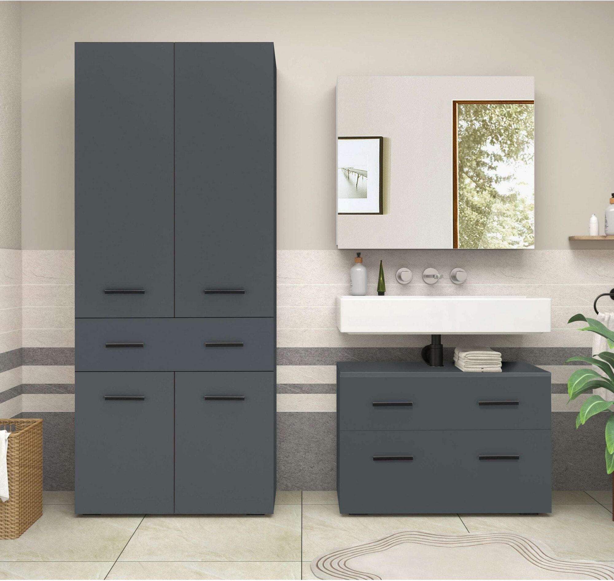 Hochschrank WELLTIME "Skara", grau (anthrazit), B:76cm H:180cm T:35cm, Holzwerkstoff, Schränke, Hochschrank, mit drei variablen Einlegeböden