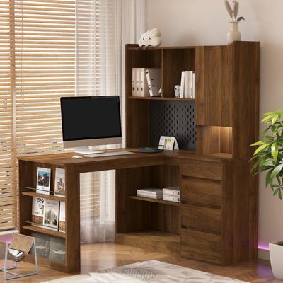 Modern Corner Office Desk with Charger and Drawers,Bookshelf
