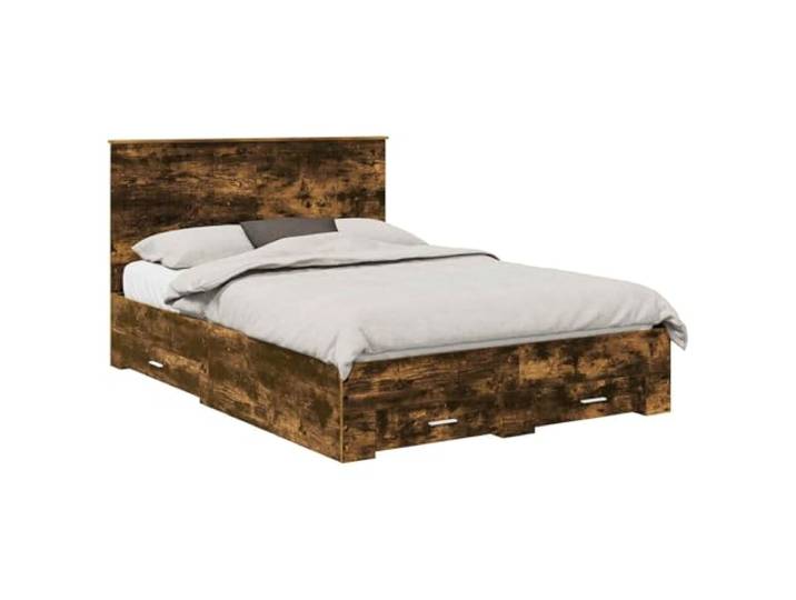 ZQQLVOO Bettrahmen Geräucherte Eiche 135 x 190 cm Holzwerkstoff Stauraum Bettgestell, Schubladen, silberne Stangengriffe, Kopfteil, Holzwerkstoff, pflegeleicht
