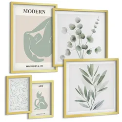BILDER SET 5er Set - 50x50 cm & 20x30 cm & 40x60 cm Goldrahmen - Pflanzenmotive, zartes Grün