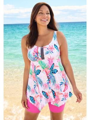 Plus Size Women's Longer-Length Handkerchief Hem Tankini Top by Swim 365 in Pink Lemonade Tropical (Size 20)