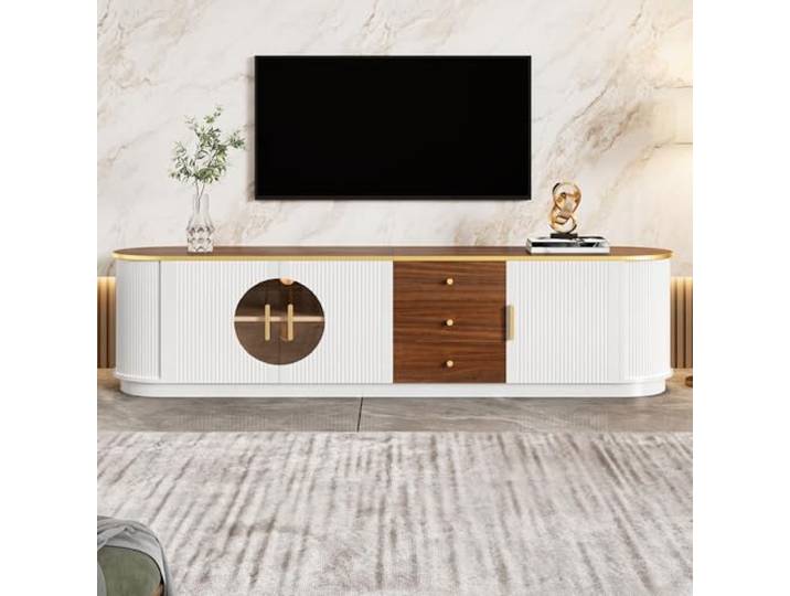 Elaimoros Luxusstil TV-Schrank, Lowboard, Braunes Glas, MDF-Korpus, Aluminiumgriffe, abgerundete Kanten, vertikale Rillenoptik，Weiß