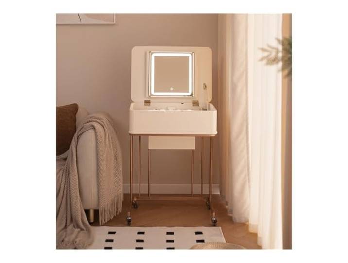 zhangrui1888 Schminktisch Beweglicher Schminktisch mit Spiegel Schlafzimmer-Make-up-Waschtisch ﻿(White+Gold)