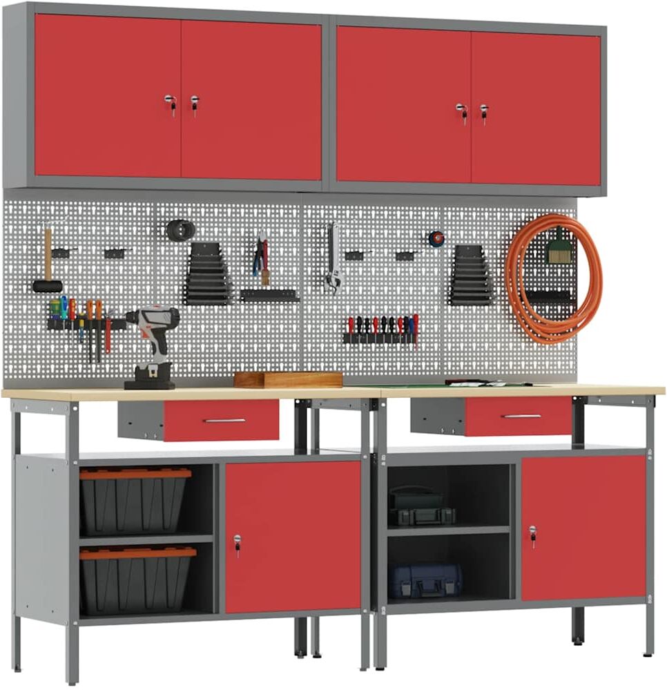 vidaXL Ensemble d'établi 8 pc Rouge et Gris Acier enduit de poudre