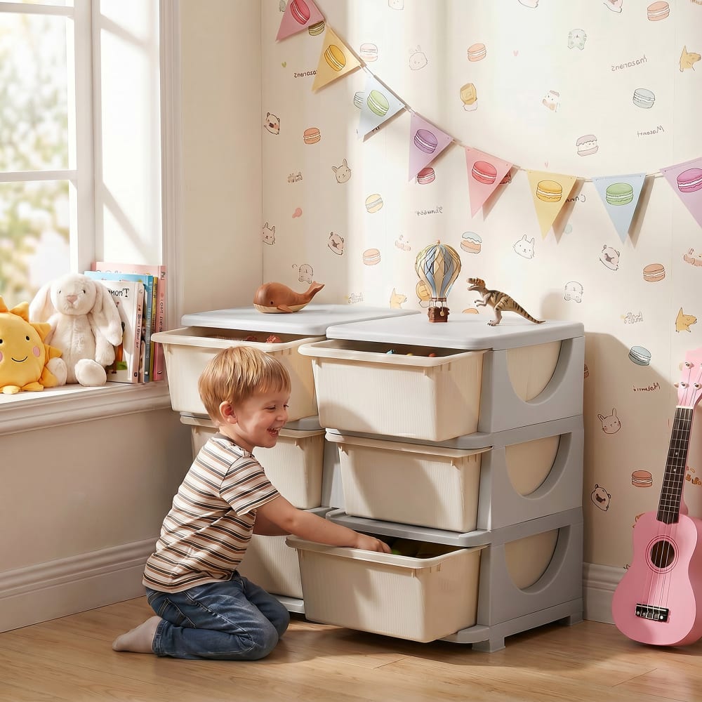 Homcom Organisateur de jouets pour enfants 6 tiroirs plastique crème Beige 75x57x37cm