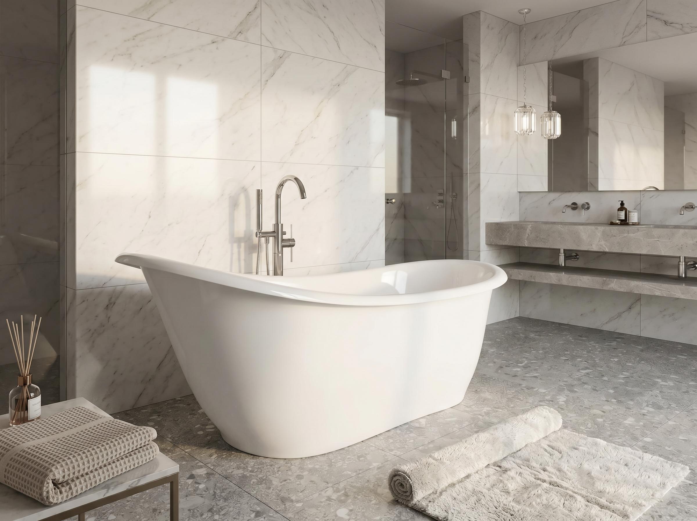 Freistehende Badewanne Modern 180 cm Weiß Komposit Ohne Füße - Moderne Badewanne Jadwiga Slipper mit Kopfstütze Bodenstehend