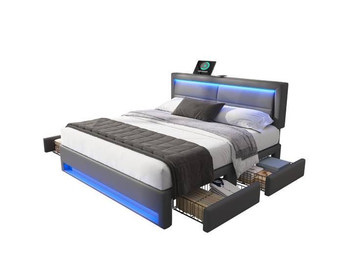 Redom Polsterbett 140/200 cm mit LED & USB-Ladefläche, 4 Schubladen, PU-Bezug Grau, Kunststoff, 140x200 cm, Schlafzimmer, Betten, Polsterbetten