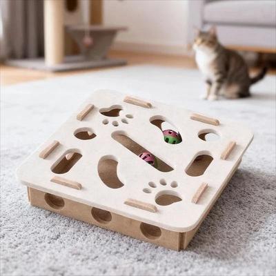 Inspired Finds Interactive Felt Cat Puzzle Tunnel Box With Bell Ball Hunting Toy square Beige