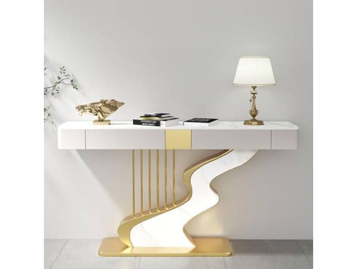 Moderner Konsolentisch mit 2 Schubladen, Sinterstein Flurtisch mit Stauraum Schmaler Sofatisch und Stilvoller Beistelltisch für Wohnzimmer mit Künstlerischem Gestell(Gold 4,L120cm/47.2in)
