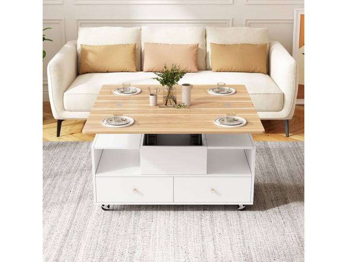 Table basse relevable - MINIMAL - 100x50x47 5 cm - 4 tiroirs - Système hydraulique - Rallonge rabattable