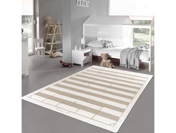 Teppich-Traum Kinderteppich Fußballfeld Creme Beige 200x290 cm Für Fußballfans, Hoch-Tief-Effekt, weicher Flor, pflegeleicht, strapazierfähig, OEKO-TEX, Kinderzimmer, 14 mm Florhöhe