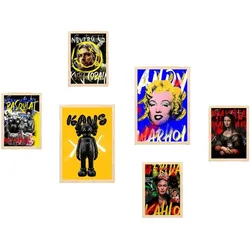 POSTER Set Mit 6 Graffiti Pop Marilyn Kurt Cobain Frida Mona Lisa Basquiat A3 & A4 Rahmen Aus Hellem Holz