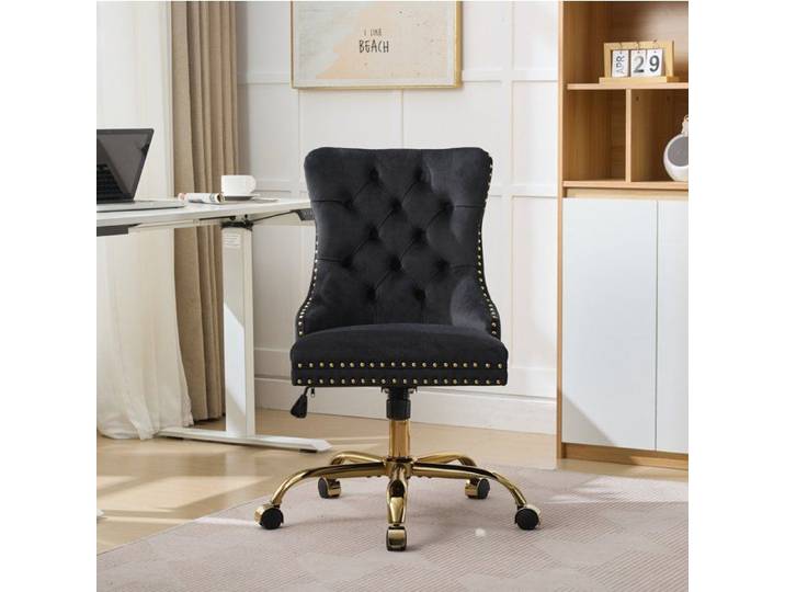 COVREO Chaise de bureau en velours noir réglable en hauteur base métallique dorée à roulettes