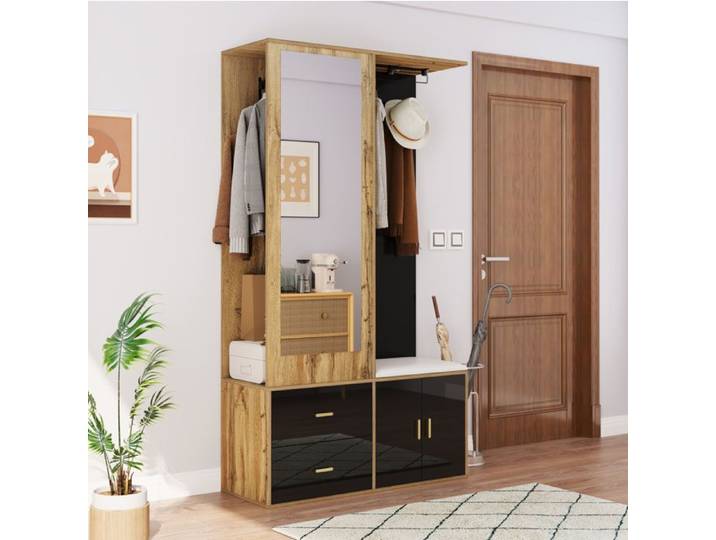 Meuble d'entrée vestiaire avec miroir banc à chaussures penderie ouverte et rangement noir bois 100x38x180 cm ORVRYN
