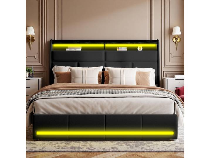 Lit 160x200 cm - COZY - Noir - LED intégrées - Sommier à lattes - Design élégant