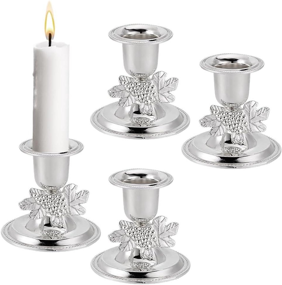 Set van 4 zilveren Shabbat kaarsenhouders met bladontwerp voor feestdagen en decoratie